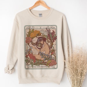 Sudadera con cuello redondo con la carta del tarot de la Suma Sacerdotisa, suéter estilo art nouveau, sudadera extragrande de estilo brujo para mujer, suéter estilo cottagecore