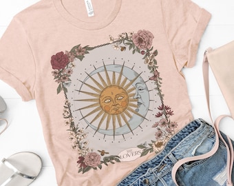 Sun and Moon Tarot Card Bella Canvas TShirt, Cottagecore Botanical Shirt