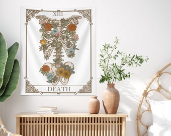 Death Tarot Card Tapestry Wall Hanging, Witchy Wall Decor, Pastel Goth Art, Skeleton Floral Tapestry Aesthetic, Boho Nature Home Decor