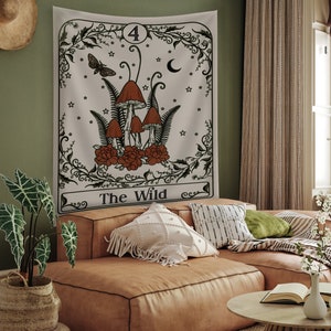 The Wild Custom Tarot Card Tapestry Wall Hanging, Retro 70's Mushroom Oracle Card, Nature Bedroom Livingroom Decor, Boho Witchy Stuff