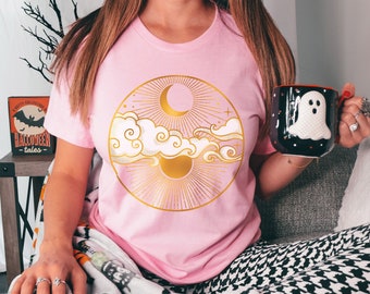 Sun and Moon TShirt Aesthetic Celestial Yoga Shirt, Witchy Stuff, Mystical Trendy Boho Astronomy Clothing, Space Graphic Tee. Spiritual Top