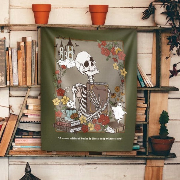 Custom Book Lover Tarot Card Tapestry Wall Hanging, Cottagecore Green Aesthetic Boho Art, Witchy Stuff, Nature Lover Gift