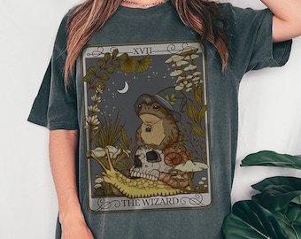 The Wizard Frog Tarot Comfort Colors TShirt, Witchy Oracle Card Shirt, Trendy Goblincore Clothing, Mushroom Cottagecore Tarot Lover Gift