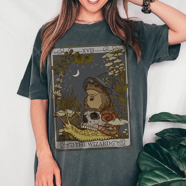 The Wizard Tarot Comfort Colors TShirt, Witchy Frog Oracle Card Shirt, Trendy Goblincore Clothing, Mushroom Cottagecore Tarot Lover Gift