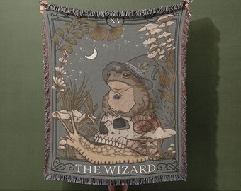 Wizard Frog Tarot Card Woven Blanket: Witchy Cottagecore Tapestry