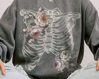 Spooky Floral Rib Cage Sweatshirt: Gothic Halloween Comfort Colors Top
