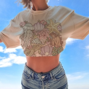 Camiseta de gran tamaño con colores cómodos de Sea Life, estética de chica cocotera, linda camiseta bohemia de playa Y2K, camiseta de sirena amante del océano, camiseta de verano de moda