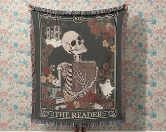 Geweven tarotkaartdeken The Reader: donkere academische katoenen plaid, cadeau voor boekenliefhebber