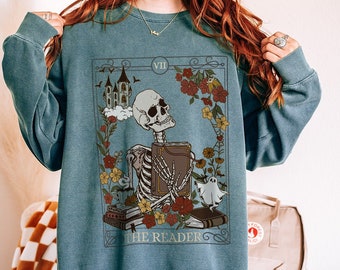 The Reader Tarot Card Comfort Colors Sweatshirt, Bookish Witchy Clothing, Skeleton Librarian Mystical Literature Shirt, Cute Reading Shirt