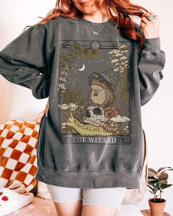 Wizard Frog Tarot Card Comfort Colors Sweatshirt: Witchy Goblincore Sweater