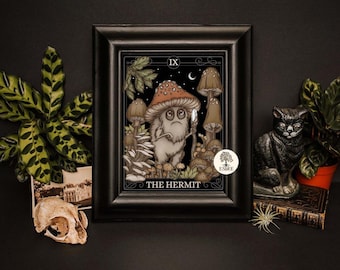 Hermit Tarot Card Poster, Goblincore Hand-Drawn Mushroom Art