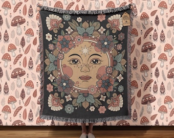 Boho Sun Face Cotton Woven Throw Blanket, Celestial Flowers Tapestry