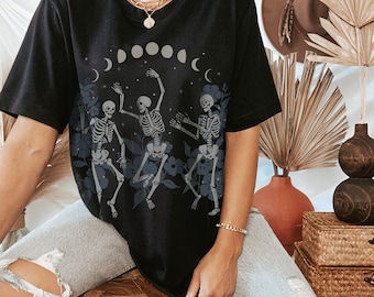 Dancing Skeleton Oversized T-Shirt, Botanical Goth Witchy Tee