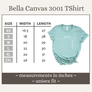 K&ouml;nnte beinhalten: Gr&ouml;&szlig;entabelle f&uuml;r ein Bella Canvas 3001 T-Shirt, mit Ma&szlig;en in Zoll f&uuml;r die Gr&ouml;&szlig;en XS, S, M, L, XL und 2XL. Die Tabelle zeigt die Breite und L&auml;nge jeder Gr&ouml;&szlig;e.