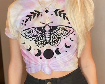 Celestial Moth Oversized Tie Dye TShirt, Aesthetic Butterfly Tee, Moon Phase Witchy Clothes, Mystical Moon Trendy Shirt, Pastel Goth T Shirt