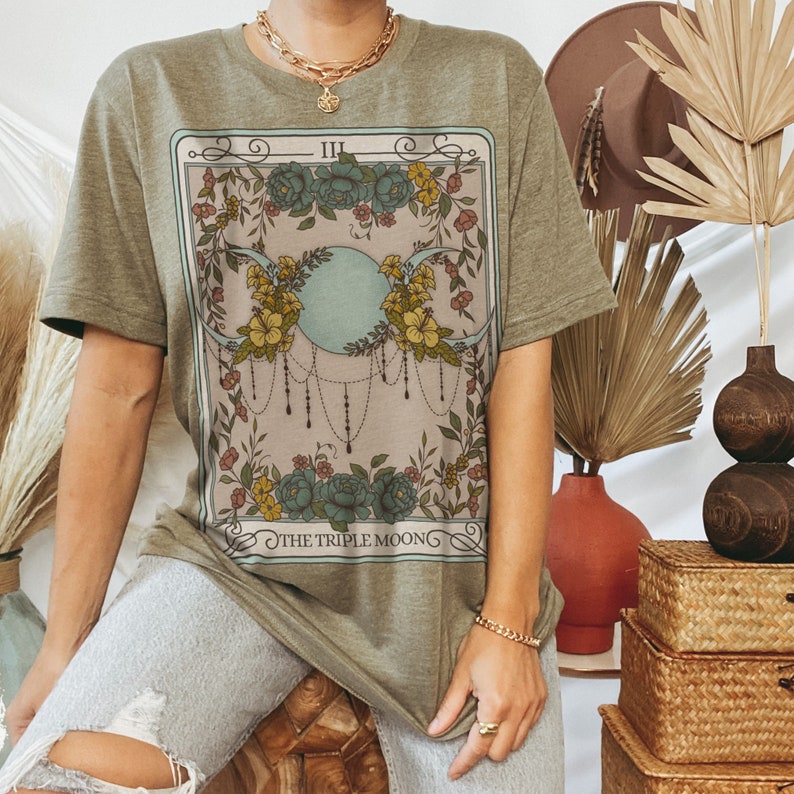 The Triple Moon Tarot Card Oversized T-Shirt, Mystical Moon Phase Shirt, Witchy Clothing, Triple Goddess Tee, Celestial Moon Phase Top 