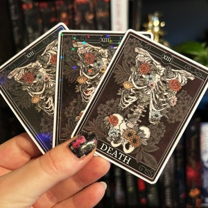 Autocollant en vinyle pour carte de tarot mort, autocollants pour journal de tarot à paillettes holographiques squelette sombre Academia, autocollants esthétiques sorcière cottagecore