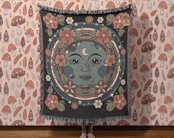 Boho Moon Cotton Woven Blanket, Celestial Cottagecore Throw Wall Tapestry, Mystical Decor