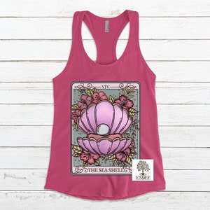 The Sea Shell Tarot Card Women's Racerback Tank, Coconut Girl Aesthetic Shirt, Summer Beachy Tank Top, Ocean Lover Clothing, Witchy Stuff