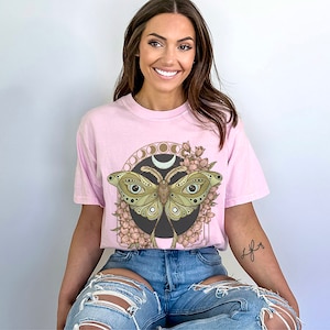 Luna Moth Comfort Colors Cotton TShirt, Wildflower Celestial Cottagecore Shirt, Mystical Moon Phase Butterfly Top, Cute Boho Flower Tee Esdee Designs