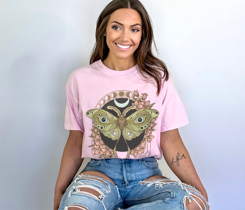 Luna Moth Comfort Colors Cotton TShirt, Wildflower Celestial Cottagecore Shirt, Mystical Moon Phase Butterfly Top, Cute Boho Flower Tee Esdee Designs