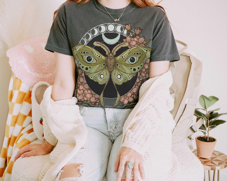 Luna Moth Comfort Colors Cotton TShirt, Wildflower Celestial Cottagecore Shirt, Mystical Moon Phase Butterfly Top, Cute Boho Flower Tee