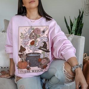 Sudadera con cuello redondo con la carta del tarot de la bruja, suéter con diseño de bruja mística, sudadera para mujer, sudadera extragrande espeluznante para Halloween