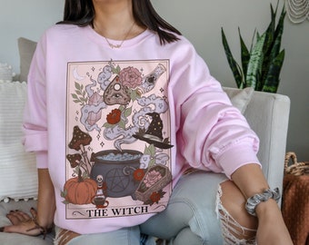 Heks tarotkaart sweatshirt met ronde hals, mystieke Halloween-trui