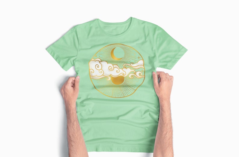 Gold and white sun and moon unisex tshirt. Esdee Designs