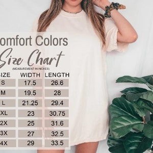 K&ouml;nnte beinhalten: Eine Gr&ouml;&szlig;entabelle f&uuml;r Comfort Colors T-Shirts, die die Breite und L&auml;nge in Zoll f&uuml;r die Gr&ouml;&szlig;en S bis 4X zeigt.