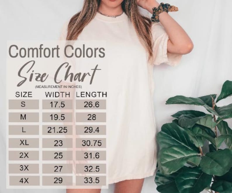 K&ouml;nnte beinhalten: Eine Gr&ouml;&szlig;entabelle f&uuml;r Comfort Colors T-Shirts, die die Breite und L&auml;nge in Zoll f&uuml;r die Gr&ouml;&szlig;en S bis 4X zeigt.