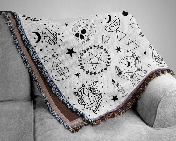 Witchy Stuff Woven Throw Blanket, Witch Blanket, Witchy Decor Woven Blanket, Black Gothic Witchy Home Decor, Cotton Boho Throw Blanket