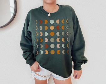 Moon Phase Oversized Crewneck Sweatshirt, Witchy Pullover Sweater, Trendy Sweatshirt Women, Mystical Celestial Women's Pullover Gift
