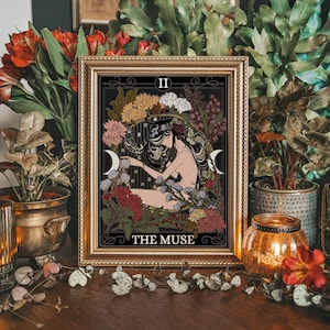 Póster de cartas del tarot personalizado The Muse, arte del tarot Art Nouveau, decoración de pared floral de triple luna wiccana, decoración cottagecore oscura, arte de pared feminista