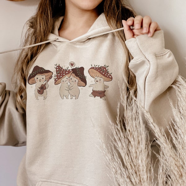 Mushroom Friends Unisex Hooded Sweatshirt, Cottagecore Hoodie, Trendy Forestcore Aesthetic, Nature Lover Gift, Fall Foraging Pullover