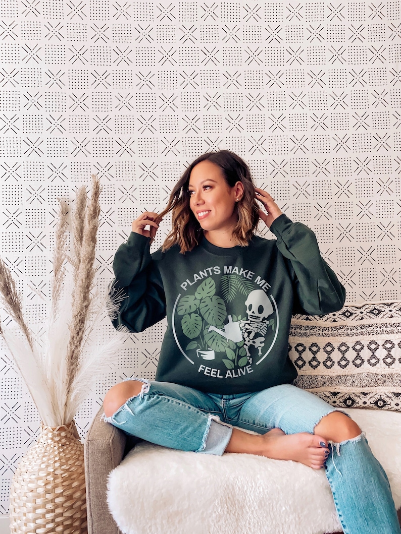 Plants Make Me Feel Alive Crewneck Sweatshirt, Plant Lady Pullover Sweater, Garden Nature Sweatshirt Women, Skeleton Oversized Sweatshirt image 1