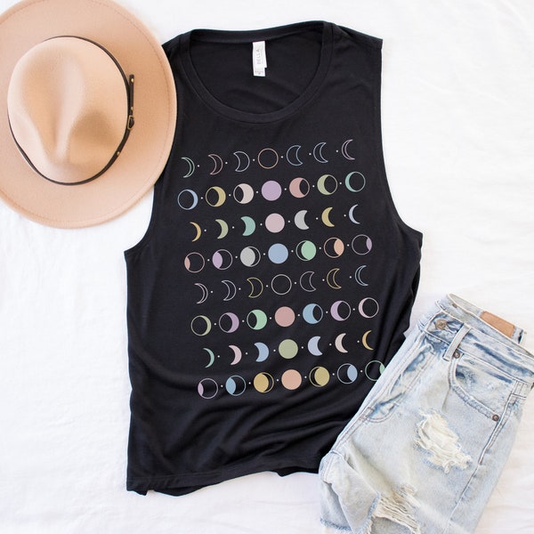 Moon Phase Muscle Scoop Tank, Celestial Womens Muscle Tank, Pastel Moon PhasesTank Top, Witchy Shirt, Nature Lover Tank, Moon Yoga Tank Top