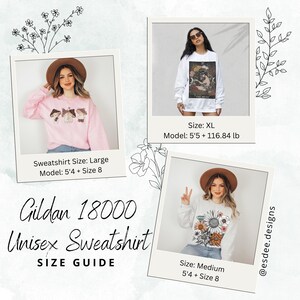 Puede incluir: Una gu&iacute;a de tallas para sudaderas unisex Gildan 18000. La imagen muestra a tres modelos que usan diferentes dise&ntilde;os de sudaderas. Las sudaderas son rosas, blancas y blanquecinas. La gu&iacute;a de tallas incluye la altura y el peso del modelo, y la talla de la sudadera.