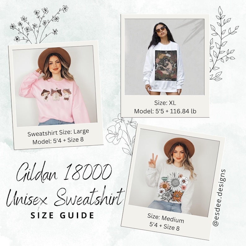 Puede incluir: Una gu&iacute;a de tallas para sudaderas unisex Gildan 18000. La imagen muestra a tres modelos que usan diferentes dise&ntilde;os de sudaderas. Las sudaderas son rosas, blancas y blanquecinas. La gu&iacute;a de tallas incluye la altura y el peso del modelo, y la talla de la sudadera.