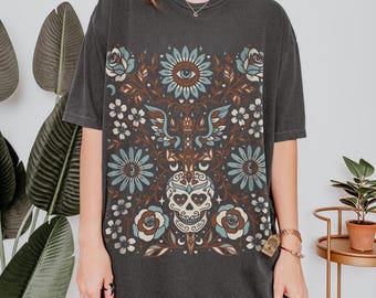Retro Floral Garden Comfort Colors Tee, Botanical Garden Skull Shirt