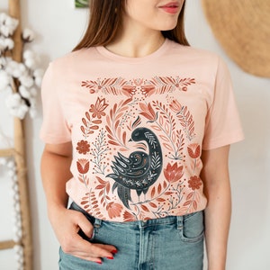 Folk Art Bird TShirt, Cute Boho Tee, Cottagecore Kids Tee, Botanical Shirt, Aesthetic Clothes, Scandinavian Folk Shirt, Spring Hygge Tee