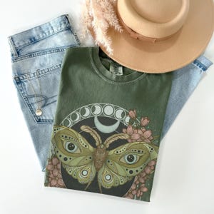 Luna Moth Comfort Colors Cotton TShirt, Wildflower Celestial Cottagecore Shirt, Mystical Moon Phase Butterfly Top, Cute Boho Flower Tee Esdee Designs