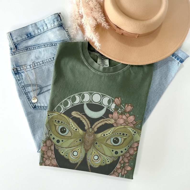 Luna Moth Comfort Colors Cotton TShirt, Wildflower Celestial Cottagecore Shirt, Mystical Moon Phase Butterfly Top, Cute Boho Flower Tee Esdee Designs