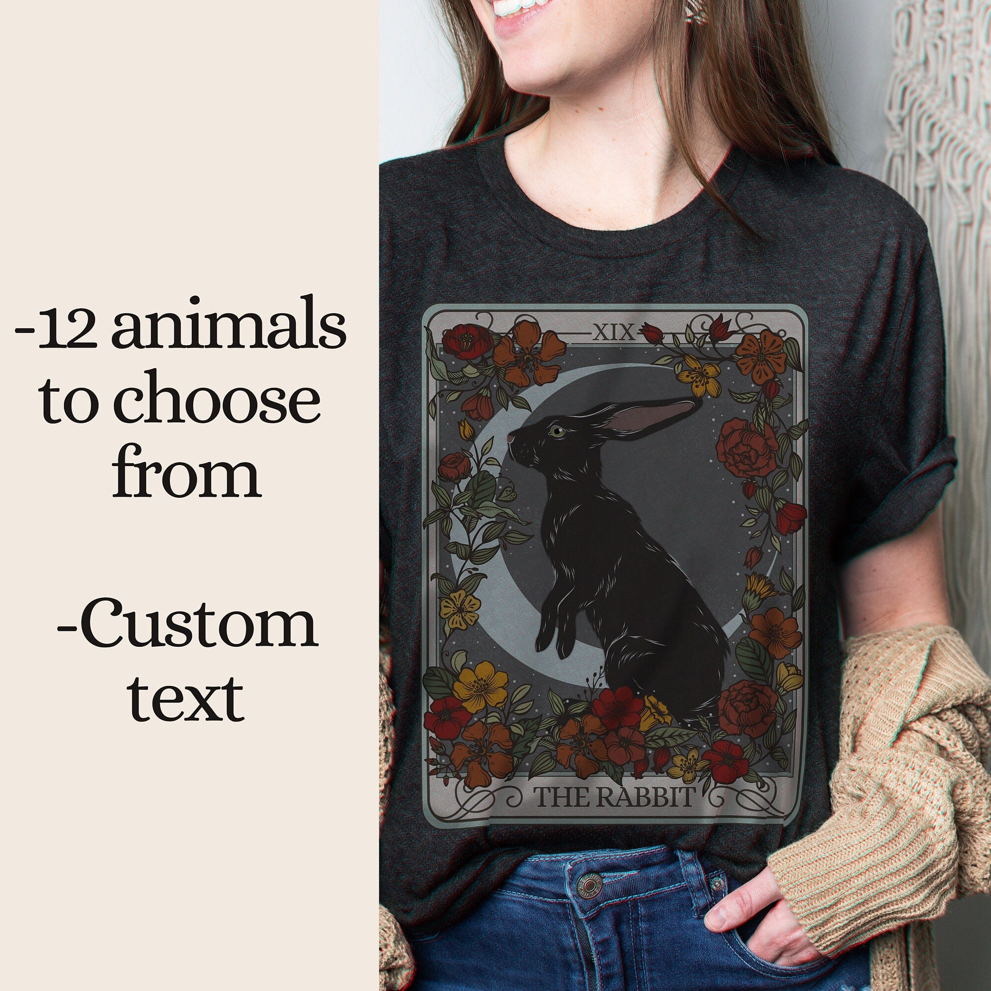 The Vertrautes Kundenspezifisches Tarot-Karten-T-Shirt, Geist-Tier-übergroßes T-Shirt, personalisierte witchy Cottagecore-Ästhetik, mystische Forestcore-Kleidung