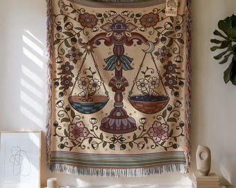 Libra Zodiac Cotton Woven Throw Blanket, Retro Celestial Astrology Tapestry, Star Sign Gift