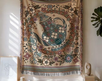 Aquarius Zodiac Cotton Woven Throw Blanket, Retro Celestial Astrology Tapestry, Star Sign Gift