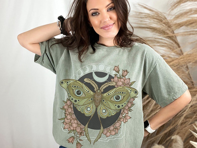 Luna Moth Comfort Colors Cotton TShirt, Wildflower Celestial Cottagecore Shirt, Mystical Moon Phase Butterfly Top, Cute Boho Flower Tee