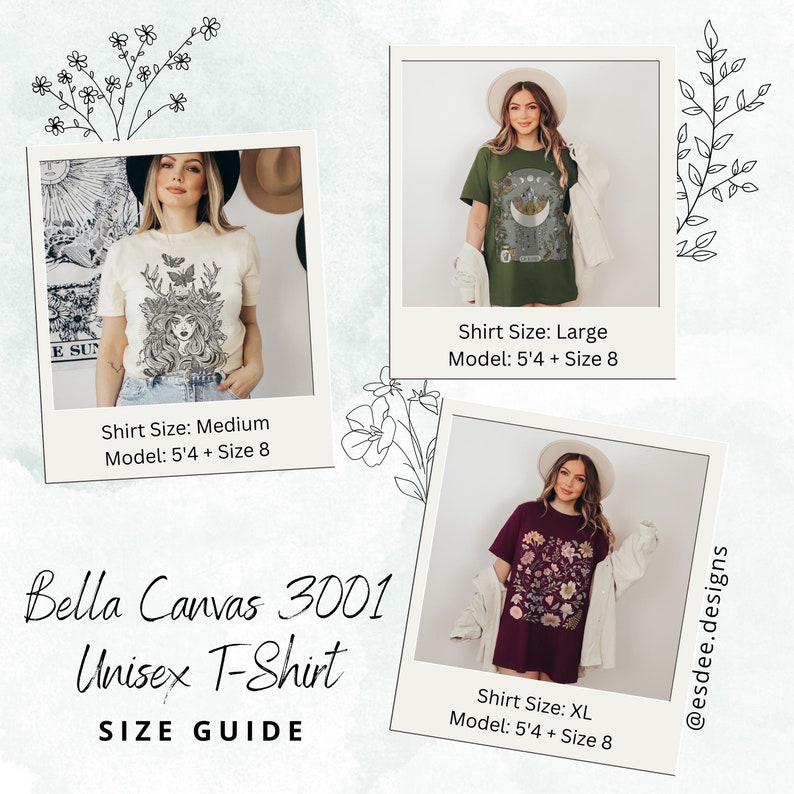 May include: Size guide for Bella Canvas 3001 Unisex T-Shirt. Three models are wearing different sizes of the t-shirt. The model on the left is wearing a medium, the model in the middle is wearing a large, and the model on the right is wearing an extra large. Each model is 5'4" tall and wearing a size 8.