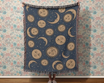 Celestial Cotton Woven Throw Blanket: Retro Sun & Moon Tapestry