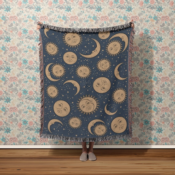 Retro Celestial Cotton Woven Throw Blanket Witchy 90 s Throwback Sun and Moon Blanket Boho Star Astrology Woven Tapestry Wall Hanging Etsy